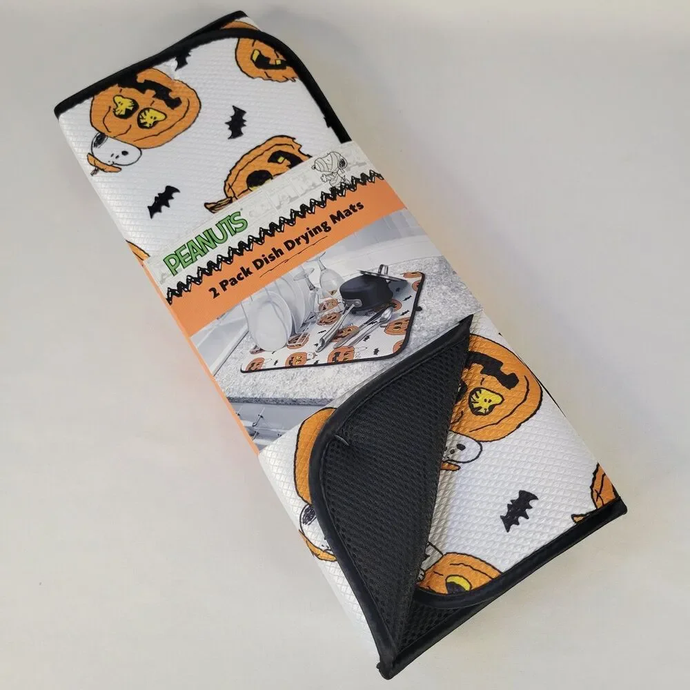 2pk Peanuts Snoopy Dish Drying Mats 16”x18” Halloween Jack-O-Lanterns Bats White